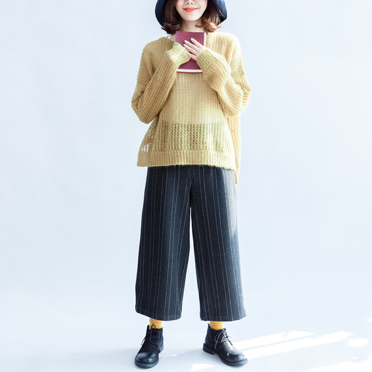 Yellow Green Cotton Sweater Oversize Side Open Cable Knit Hollow Out Sweaters