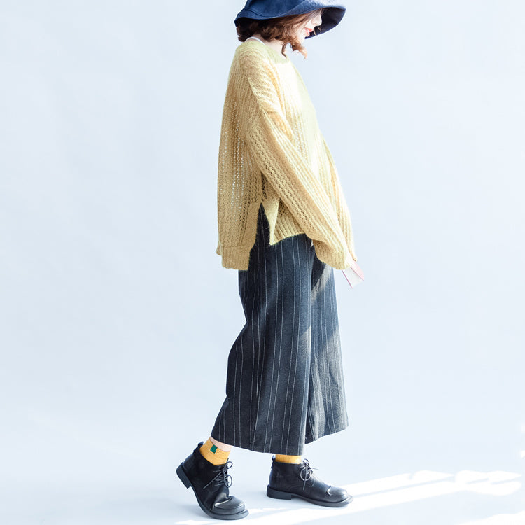 Yellow Green Cotton Sweater Oversize Side Open Cable Knit Hollow Out Sweaters
