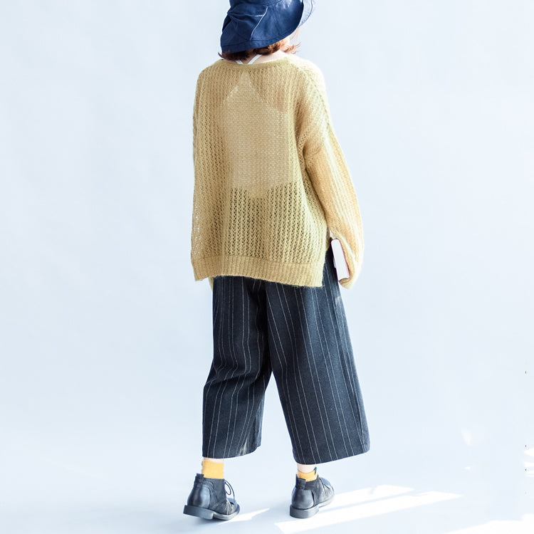 Yellow Green Cotton Sweater Oversize Side Open Cable Knit Hollow Out Sweaters